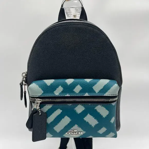 COACH NWOT Charlie Mini Wild Plaid Leather Backpack, Blue, $328 Retail - Picture 6 of 11